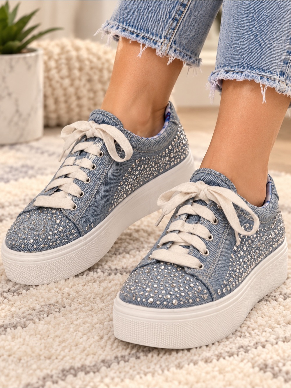 Madden NYC Denim Crystal Lace-Up Platform Sneakers - Blue Size 3